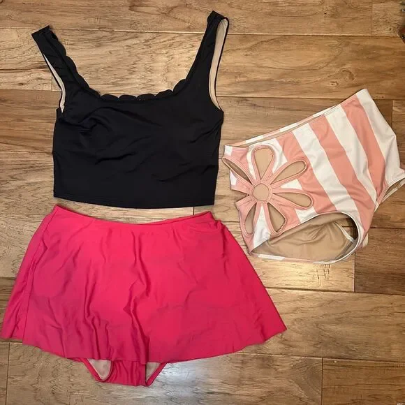 Kortni Jeane Swimsuit Small Medium Pink Black White Cut Out Flower Skirt Top - Picture 2 of 16